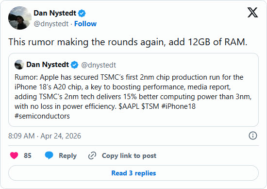 iPhone 18 เตรียมอัปเกรด RAM 12GB ยกระดับ Apple Intelligence