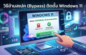 พลิกโฉมคอมเก่า! วิธีข้ามสเปค (Bypass) ติดตั้ง Windows 11 อัปเดตปี 2026 ภาพประกอบกราฟิกดิจิทัลสำหรับบทความ 'วิธีข้ามสเปค (Bypass) ติดตั้ง Windows 11' แสดงจอคอมพิวเตอร์ที่หน้าจอการติดตั้งถูกปรับปรุง ด้านบนมีพาดหัวภาษาไทย หน้าจอยืนยันสถานะ 'เข้ากันได้แล้ว (ข้ามการตรวจสอบ)' พร้อมระบุว่าข้าม TPM 2.0 และ Secure Boot แล้ว มีมือคนชี้ไปที่ปุ่ม 'ติดตั้งต่อไป' โดยมีลูกศร 'BYPASS CHECKS' และกราฟิกประตูเปิดประกอบ เพื่อสื่อความหมายการหลีกเลี่ยงข้อจำกัดฮาร์ดแวร์
