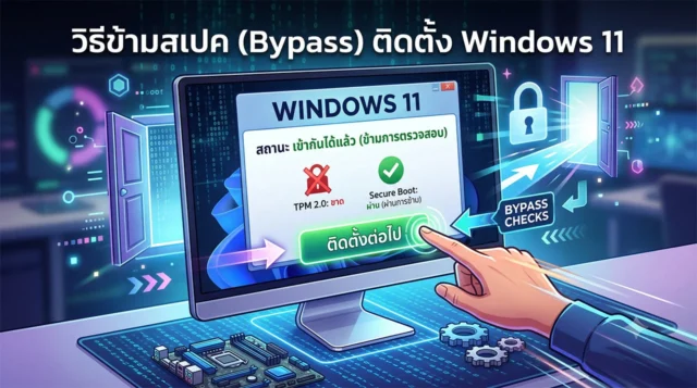 วิธีข้ามสเปคและข้ามการตรวจสอบติดตั้ง Windows 11 ภาพประกอบกราฟิกดิจิทัลสำหรับบทความ 'วิธีข้ามสเปค (Bypass) ติดตั้ง Windows 11' แสดงจอคอมพิวเตอร์ที่หน้าจอการติดตั้งถูกปรับปรุง ด้านบนมีพาดหัวภาษาไทย หน้าจอยืนยันสถานะ 'เข้ากันได้แล้ว (ข้ามการตรวจสอบ)' พร้อมระบุว่าข้าม TPM 2.0 และ Secure Boot แล้ว มีมือคนชี้ไปที่ปุ่ม 'ติดตั้งต่อไป' โดยมีลูกศร 'BYPASS CHECKS' และกราฟิกประตูเปิดประกอบ เพื่อสื่อความหมายการหลีกเลี่ยงข้อจำกัดฮาร์ดแวร์