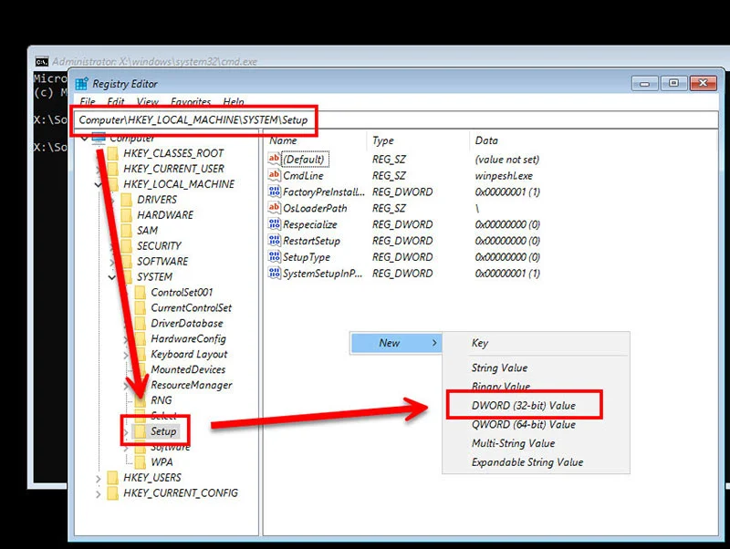 ภาพหน้าจอของ "Registry Editor" พร้อมลูกศรสีแดงและกล่องสีแดงเน้นขั้นตอนการนำทางไปที่ HKEY_LOCAL_MACHINE\SYSTEM\Setup กล่องสีแดงเน้นตัวเลือก "DWORD (32-bit) Value" ในเมนูบริบทที่เปิดอยู่ ชี้ให้เห็นว่านี่คือวิธีการสร้างค่ารีจิสทรีใหม่เพื่อข้ามการตรวจสอบ