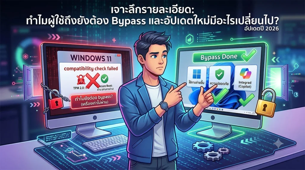 ภาพกราฟิกเปรียบเทียบหน้าจอคอมพิวเตอร์สองเครื่องเพื่อประกอบบทความเจาะลึกการข้ามสเปค Windows 11 จอด้านซ้ายมีโทนสีแดงแจ้งเตือน 'compatibility check failed' เนื่องจากสเปคเครื่องเก่าไม่ผ่านเกณฑ์ TPM 2.0 พร้อมภาพแม่กุญแจที่ถูกล็อค จอด้านขวามีโทนสีเขียวแสดงสถานะ 'Bypass Done' ที่ติดตั้งสำเร็จ ปลดล็อคการใช้งาน และรองรับฟีเจอร์ใหม่ โดยมีชายหนุ่มยืนชี้เปรียบเทียบความแตกต่างระหว่างสองหน้าจออย่างชัดเจน