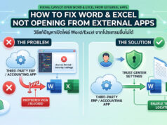 ปัญหาเปิด Word Excel ผ่านโปรแกรมอื่นไม่ได้ ส่งผลกระทบผู้ใช้ Windows จำนวนมาก แผนภาพอธิบายสาเหตุปัญหาเปิด Word Excel ผ่านโปรแกรมอื่นไม่ได้ ซึ่งเกิดจากระบบความปลอดภัย (Protected View) บล็อกการเข้าถึงไฟล์ พร้อมแสดงวิธีแก้ไขปัญหาด้วยการตั้งค่าโฟลเดอร์ที่ปลอดภัยใน Trust Center (Trusted Locations)