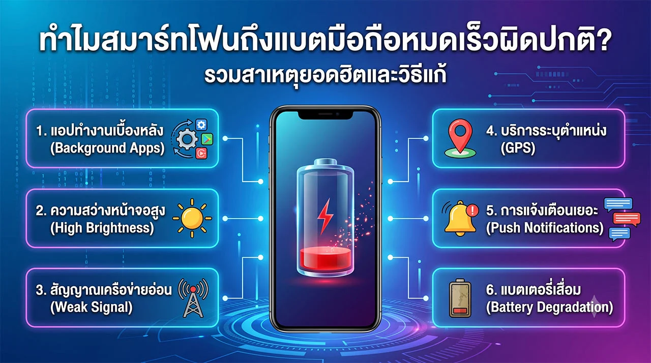 อินโฟกราฟิกโทนสีน้ำเงินและม่วงเรืองแสง มีหัวข้อภาษาไทยด้านบนว่า 'ทำไมสมาร์ทโฟนถึงแบตมือถือหมดเร็วผิดปกติ?' และคำบรรยาย 'รวมสาเหตุยอดฮิตและวิธีแก้' ตรงกลางมีรูปสมาร์ทโฟนแสดงแบตเตอรี่สีแดงที่ใกล้หมด มีวงจรไฟฟ้าเรืองแสงอยู่รอบๆ ล้อมรอบด้วยกล่องข้อมูล 6 กล่อง