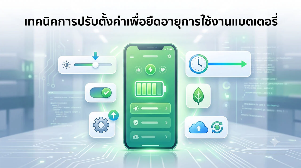 ภาพประกอบดิจิทัล 3 มิติแสดงสมาร์ทโฟนวางอยู่ตรงกลาง ด้านบนมีข้อความภาษาไทยว่า "เทคนิคการปรับตั้งค่าเพื่อยืดอายุการใช้งานแบตเตอรี่" รอบโทรศัพท์มีแผงไอคอนลอยที่แสดงเทคนิคต่างๆ