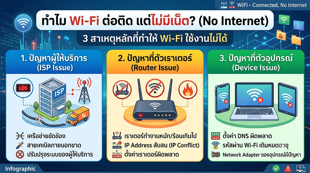 อินโฟกราฟิกภาษาไทยอธิบายสาเหตุที่ Wi-Fi แสดงสถานะ Connected แต่ไม่มีอินเทอร์เน็ต