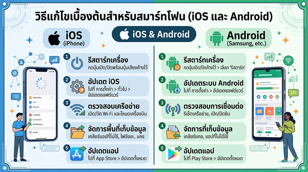 อินโฟกราฟิกเปรียบเทียบ 'วิธีแก้ไขเบื้องต้นสำหรับสมาร์ทโฟน (iOS และ Android)' แยกเป็นสองคอลัมน์สีฟ้า (iOS) และเขียว (Android). ด้านซ้าย iOS (iPhone) มี 5 ขั้นตอน: 1. รีสตาร์ทเครื่อง, 2. อัปเดต iOS, 3. ตรวจสอบเครือข่าย, 4. จัดการพื้นที่เก็บข้อมูล, 5. อัปเดตแอป (พร้อมภาพประกอบชายถือ iPhone). ด้านขวา Android มี 5 ขั้นตอน: 1. รีสตาร์ทเครื่อง, 2. อัปเดตระบบ Android, 3. ตรวจสอบการเชื่อมต่อ, 4. จัดการที่เก็บข้อมูล, 5. อัปเดตแอป (พร้อมภาพประกอบหญิงถือ Android). ทั้งหมดเป็นภาษาไทย.