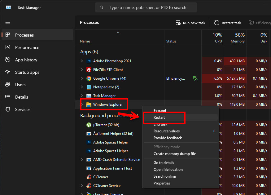 ภาพหน้าจอ Task Manager แสดงขั้นตอนการคลิกขวาเพื่อสั่งรีสตาร์ทการทำงานของ Windows Explorer ซึ่งเป็นวิธีแก้ปัญหา Windows 11 Search พิมพ์ไม่ได้ในเบื้องต้น