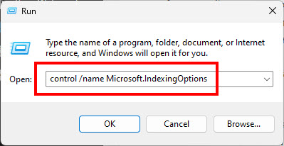 ภาพหน้าต่างกล่องคำสั่ง Run พิมพ์คำสั่ง control /name Microsoft.IndexingOptions เพื่อเข้าสู่หน้าการสร้างดัชนีการค้นหาใหม่ แก้ปัญหา Windows 11 ค้นหาไฟล์ไม่เจอ