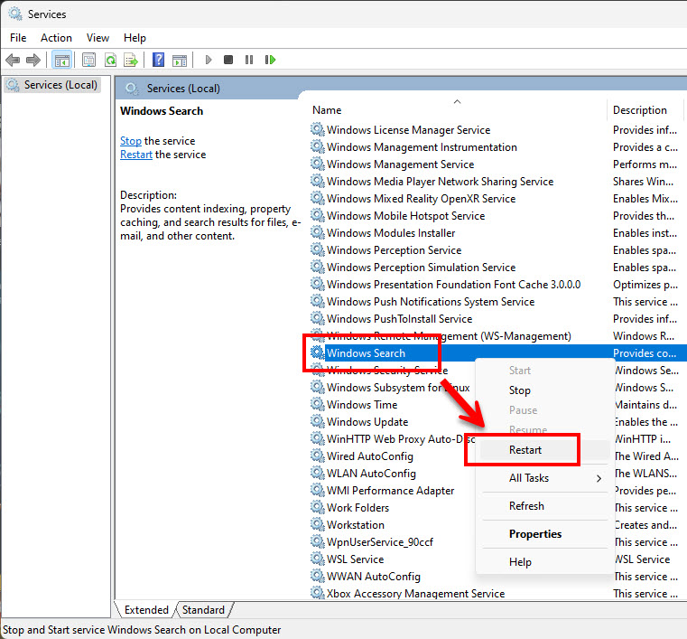 ภาพหน้าต่าง Services แสดงขั้นตอนการคลิกขวาที่บริการ Windows Search แล้วเลือก Restart เพื่อกระตุ้นให้ระบบค้นหากลับมาทำงานได้ตามปกติ