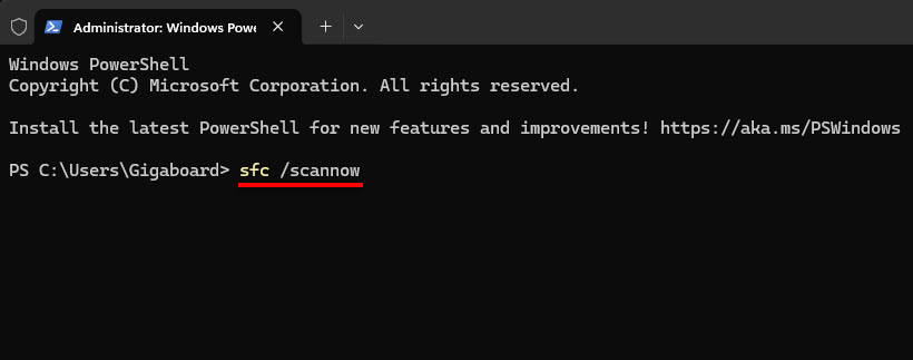 ภาพหน้าต่าง Windows PowerShell ทำการรันคำสั่ง sfc /scannow เพื่อสแกนและซ่อมแซมไฟล์ระบบที่เสียหาย แก้ปัญหาช่องค้นหา Windows 11 พิมพ์ไม่ได้อย่างสมบูรณ์