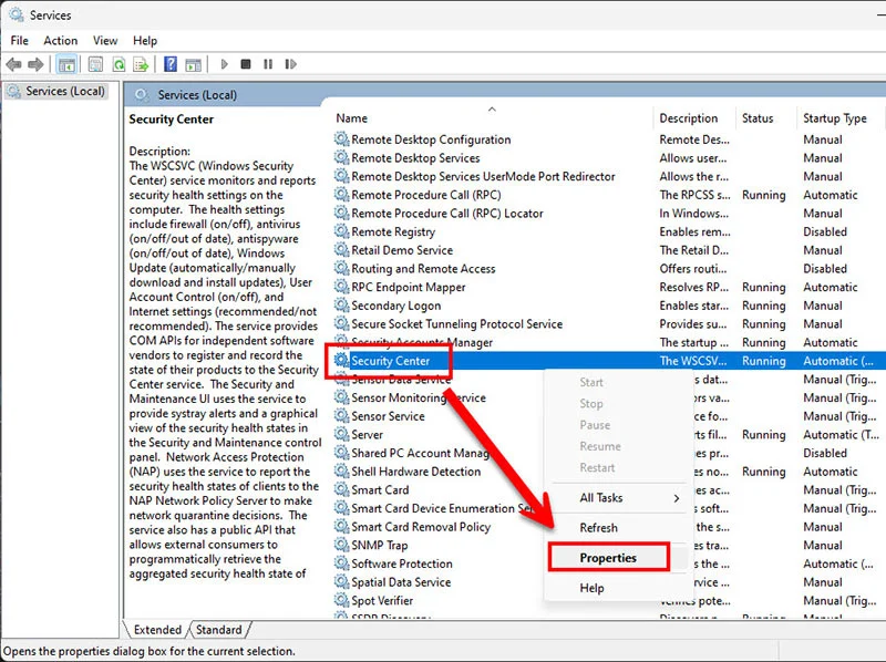 หน้าต่างโปรแกรม Services บน Windows แสดงขั้นตอนการคลิกขวาที่บริการชื่อ Security Center และเลือกเมนู Properties เพื่อแก้ไขปัญหา Windows Defender