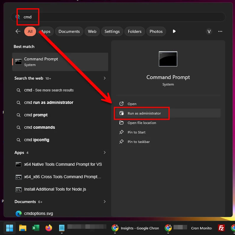เมนูค้นหาของ Windows แสดงการพิมพ์คำว่า cmd เพื่อหาโปรแกรม Command Prompt และมีลูกศรชี้ให้คลิกเลือก Run as administrator เพื่อสิทธิ์ในการซ่อมแซมระบบ