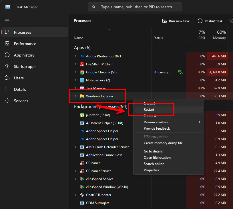 ขั้นตอนวิธีแก้ปัญหา Windows Explorer ไม่ตอบสนอง ด้วยการคลิกขวาที่ชื่อโปรแกรมแล้วเลือกคำสั่ง Restart ผ่านหน้าต่าง Task Manager เพื่อแก้ไขอาการคอมพิวเตอร์ค้าง