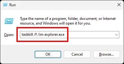 การพิมพ์คำสั่ง taskkill /f /im explorer.exe ในกล่องข้อความ Run เพื่อบังคับปิดระบบ ถือเป็นอีกหนึ่งวิธีแก้ปัญหา Windows Explorer ไม่ตอบสนอง