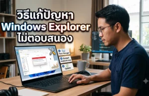 วิธีแก้ปัญหา Windows Explorer ไม่ตอบสนอง คืนความลื่นไหลให้คอมพิวเตอร์ของคุณ ชายหนุ่มกำลังนั่งใช้งานแล็ปท็อปเพื่อแก้ไขปัญหา Windows Explorer ไม่ตอบสนอง พร้อมกราฟิกหน้าต่างแจ้งเตือนและขั้นตอนการรีสตาร์ทผ่าน Task Manager