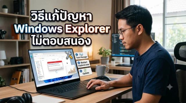 วิธีแก้ปัญหา-Windows-Explorer-ไม่ตอบสนอง-หน้าจอค้าง ชายหนุ่มกำลังนั่งใช้งานแล็ปท็อปเพื่อแก้ไขปัญหา Windows Explorer ไม่ตอบสนอง พร้อมกราฟิกหน้าต่างแจ้งเตือนและขั้นตอนการรีสตาร์ทผ่าน Task Manager