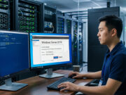 วิธีรีสตาร์ท Windows Server 2019 อย่างปลอดภัย สำหรับผู้ดูแลระบบไอที ผู้ดูแลระบบไอทีชายกำลังนั่งทำงานที่โต๊ะในห้องศูนย์ข้อมูล (Data Center) โดยใช้หน้าจอคอมพิวเตอร์แบบคู่เพื่อพิมพ์คำสั่งและกดยืนยันการรีสตาร์ทระบบผ่านหน้าต่าง Server Manager ของ Windows Server 2019