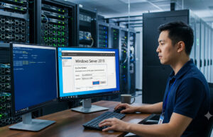 วิธีรีสตาร์ท Windows Server 2019 อย่างปลอดภัย สำหรับผู้ดูแลระบบไอที ผู้ดูแลระบบไอทีชายกำลังนั่งทำงานที่โต๊ะในห้องศูนย์ข้อมูล (Data Center) โดยใช้หน้าจอคอมพิวเตอร์แบบคู่เพื่อพิมพ์คำสั่งและกดยืนยันการรีสตาร์ทระบบผ่านหน้าต่าง Server Manager ของ Windows Server 2019