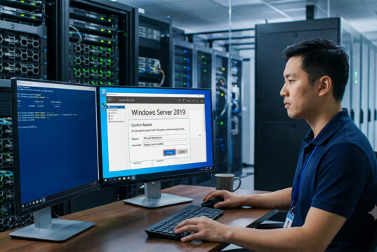 วิธีรีสตาร์ท Windows Server 2019 อย่างปลอดภัย สำหรับผู้ดูแลระบบไอที ผู้ดูแลระบบไอทีชายกำลังนั่งทำงานที่โต๊ะในห้องศูนย์ข้อมูล (Data Center) โดยใช้หน้าจอคอมพิวเตอร์แบบคู่เพื่อพิมพ์คำสั่งและกดยืนยันการรีสตาร์ทระบบผ่านหน้าต่าง Server Manager ของ Windows Server 2019