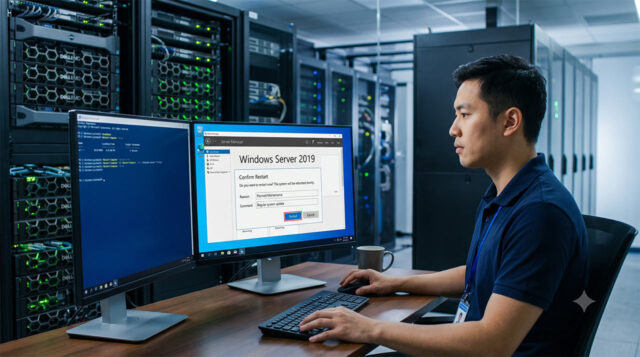 ผู้ดูแลระบบไอทีกำลังรีสตาร์ท-Windows-Server-2019-ในห้องเซิร์ฟเวอร์ ผู้ดูแลระบบไอทีชายกำลังนั่งทำงานที่โต๊ะในห้องศูนย์ข้อมูล (Data Center) โดยใช้หน้าจอคอมพิวเตอร์แบบคู่เพื่อพิมพ์คำสั่งและกดยืนยันการรีสตาร์ทระบบผ่านหน้าต่าง Server Manager ของ Windows Server 2019