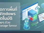 วิธีใช้ Storage Sense เคลียร์พื้นที่อัตโนมัติบน Windows คืนความเร็วให้คอมพิวเตอร์ ภาพกราฟิกแสดงวิธีเปิดใช้งานฟีเจอร์ Storage Sense บน Windows 10 และ 11 เพื่อลบไฟล์ขยะและเคลียร์พื้นที่คอมพิวเตอร์แบบอัตโนมัติ