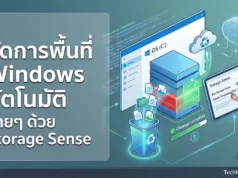 วิธีใช้ Storage Sense เคลียร์พื้นที่อัตโนมัติบน Windows คืนความเร็วให้คอมพิวเตอร์ ภาพกราฟิกแสดงวิธีเปิดใช้งานฟีเจอร์ Storage Sense บน Windows 10 และ 11 เพื่อลบไฟล์ขยะและเคลียร์พื้นที่คอมพิวเตอร์แบบอัตโนมัติ