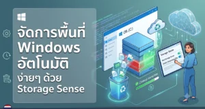 วิธีใช้ Storage Sense เคลียร์พื้นที่อัตโนมัติบน Windows คืนความเร็วให้คอมพิวเตอร์ ภาพกราฟิกแสดงวิธีเปิดใช้งานฟีเจอร์ Storage Sense บน Windows 10 และ 11 เพื่อลบไฟล์ขยะและเคลียร์พื้นที่คอมพิวเตอร์แบบอัตโนมัติ