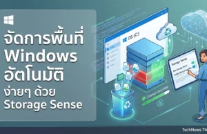 วิธีใช้ Storage Sense เคลียร์พื้นที่อัตโนมัติบน Windows คืนความเร็วให้คอมพิวเตอร์ ภาพกราฟิกแสดงวิธีเปิดใช้งานฟีเจอร์ Storage Sense บน Windows 10 และ 11 เพื่อลบไฟล์ขยะและเคลียร์พื้นที่คอมพิวเตอร์แบบอัตโนมัติ