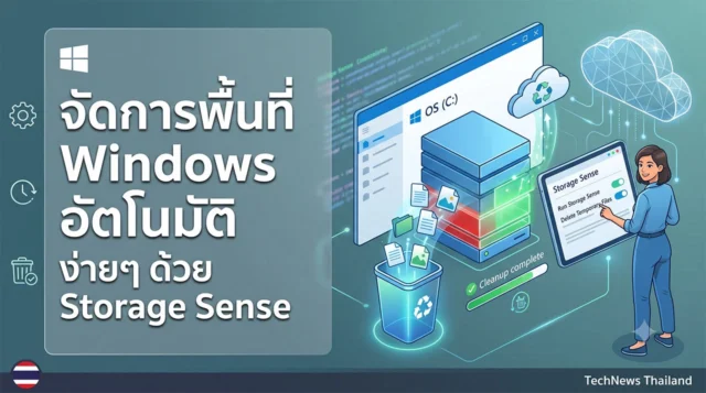 วิธีใช้ Storage Sense เคลียร์พื้นที่ Windows อัตโนมัติ ภาพกราฟิกแสดงวิธีเปิดใช้งานฟีเจอร์ Storage Sense บน Windows 10 และ 11 เพื่อลบไฟล์ขยะและเคลียร์พื้นที่คอมพิวเตอร์แบบอัตโนมัติ