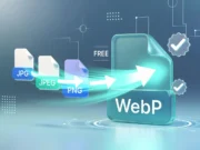 เครื่องมือ แปลงไฟล์ JPG, JPEG และ PNG เป็น WebP ฟรี ภาพประกอบดิจิทัลเรืองแสงสไตล์เทคโนโลยี แสดงขั้นตอนการแปลงไฟล์รูปภาพจากรูปแบบเดิม (.jpg, .jpeg, .png) ทางด้านซ้าย ไปเป็นรูปแบบใหม่ (.webp)