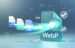 เครื่องมือ แปลงไฟล์ JPG, JPEG และ PNG เป็น WebP ฟรี ภาพประกอบดิจิทัลเรืองแสงสไตล์เทคโนโลยี แสดงขั้นตอนการแปลงไฟล์รูปภาพจากรูปแบบเดิม (.jpg, .jpeg, .png) ทางด้านซ้าย ไปเป็นรูปแบบใหม่ (.webp)
