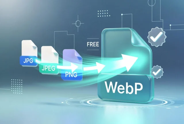 เครื่องมือแปลงไฟล์ภาพ .jpg .jpeg .png เป็น .webp ฟรี ภาพประกอบดิจิทัลเรืองแสงสไตล์เทคโนโลยี แสดงขั้นตอนการแปลงไฟล์รูปภาพจากรูปแบบเดิม (.jpg, .jpeg, .png) ทางด้านซ้าย ไปเป็นรูปแบบใหม่ (.webp)