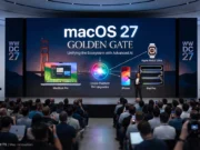 เผยโฉม macOS 27 Golden Gate อัปเกรด Siri ข้ามแพลตฟอร์ม พร้อมลุยสมรภูมิ AI เต็มสูบ ภาพถ่ายภายในงาน Apple WWDC 27 Keynote ที่ Steve Jobs Theater แสดงผู้ชมนั่งอยู่หน้าหน้าจอ LED ขนาดใหญ่บนเวทีที่ประกาศเปิดตัว 'macos 27 Golden Gate' พร้อมฟีเจอร์ 'Unifying the Ecosystem with Advanced AI' หน้าจอมีข้อความหลัก 'macos 27' และ 'GOLDEN GATE' มีกราฟิก Siri ที่ส่องสว่างเชื่อมต่ออุปกรณ์ Apple ต่างๆ เช่น MacBook Pro, iPhone, iPad Pro, และ Apple Watch Ultra พร้อมคำอธิบาย 'Cross-Platform Siri Upgrades' ผู้บรรยายหญิงยืนอยู่กลางเวที