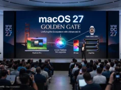 เผยโฉม macOS 27 Golden Gate อัปเกรด Siri ข้ามแพลตฟอร์ม พร้อมลุยสมรภูมิ AI เต็มสูบ ภาพถ่ายภายในงาน Apple WWDC 27 Keynote ที่ Steve Jobs Theater แสดงผู้ชมนั่งอยู่หน้าหน้าจอ LED ขนาดใหญ่บนเวทีที่ประกาศเปิดตัว 'macos 27 Golden Gate' พร้อมฟีเจอร์ 'Unifying the Ecosystem with Advanced AI' หน้าจอมีข้อความหลัก 'macos 27' และ 'GOLDEN GATE' มีกราฟิก Siri ที่ส่องสว่างเชื่อมต่ออุปกรณ์ Apple ต่างๆ เช่น MacBook Pro, iPhone, iPad Pro, และ Apple Watch Ultra พร้อมคำอธิบาย 'Cross-Platform Siri Upgrades' ผู้บรรยายหญิงยืนอยู่กลางเวที