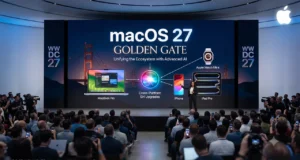 เผยโฉม macOS 27 Golden Gate อัปเกรด Siri ข้ามแพลตฟอร์ม พร้อมลุยสมรภูมิ AI เต็มสูบ ภาพถ่ายภายในงาน Apple WWDC 27 Keynote ที่ Steve Jobs Theater แสดงผู้ชมนั่งอยู่หน้าหน้าจอ LED ขนาดใหญ่บนเวทีที่ประกาศเปิดตัว 'macos 27 Golden Gate' พร้อมฟีเจอร์ 'Unifying the Ecosystem with Advanced AI' หน้าจอมีข้อความหลัก 'macos 27' และ 'GOLDEN GATE' มีกราฟิก Siri ที่ส่องสว่างเชื่อมต่ออุปกรณ์ Apple ต่างๆ เช่น MacBook Pro, iPhone, iPad Pro, และ Apple Watch Ultra พร้อมคำอธิบาย 'Cross-Platform Siri Upgrades' ผู้บรรยายหญิงยืนอยู่กลางเวที