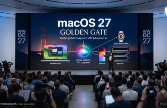 เผยโฉม macOS 27 Golden Gate อัปเกรด Siri ข้ามแพลตฟอร์ม พร้อมลุยสมรภูมิ AI เต็มสูบ ภาพถ่ายภายในงาน Apple WWDC 27 Keynote ที่ Steve Jobs Theater แสดงผู้ชมนั่งอยู่หน้าหน้าจอ LED ขนาดใหญ่บนเวทีที่ประกาศเปิดตัว 'macos 27 Golden Gate' พร้อมฟีเจอร์ 'Unifying the Ecosystem with Advanced AI' หน้าจอมีข้อความหลัก 'macos 27' และ 'GOLDEN GATE' มีกราฟิก Siri ที่ส่องสว่างเชื่อมต่ออุปกรณ์ Apple ต่างๆ เช่น MacBook Pro, iPhone, iPad Pro, และ Apple Watch Ultra พร้อมคำอธิบาย 'Cross-Platform Siri Upgrades' ผู้บรรยายหญิงยืนอยู่กลางเวที