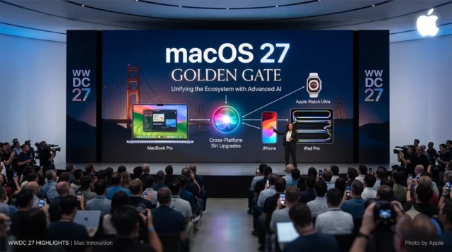 ฉากเวทีงาน Apple WWDC 27 เปิดตัว macOS 27 Golden Gate และ Siri AI ภาพถ่ายภายในงาน Apple WWDC 27 Keynote ที่ Steve Jobs Theater แสดงผู้ชมนั่งอยู่หน้าหน้าจอ LED ขนาดใหญ่บนเวทีที่ประกาศเปิดตัว 'macos 27 Golden Gate' พร้อมฟีเจอร์ 'Unifying the Ecosystem with Advanced AI' หน้าจอมีข้อความหลัก 'macos 27' และ 'GOLDEN GATE' มีกราฟิก Siri ที่ส่องสว่างเชื่อมต่ออุปกรณ์ Apple ต่างๆ เช่น MacBook Pro, iPhone, iPad Pro, และ Apple Watch Ultra พร้อมคำอธิบาย 'Cross-Platform Siri Upgrades' ผู้บรรยายหญิงยืนอยู่กลางเวที