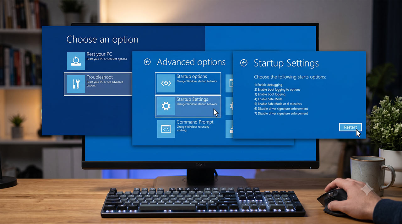 หน้าจอสีฟ้าแสดงเมนู Advanced options ของ Windows และมีลูกศรเมาส์กำลังคลิกปุ่ม Restart ในหน้า Startup Settings เพื่อแก้ไขปัญหาคอมพิวเตอร์