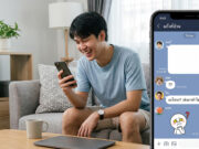 วิธีส่งข้อความว่างใน LINE แกล้งเพื่อนง่ายๆ ด้วยเทคนิคข้อความล่องหน ภาพ split-screen: ทางด้านซ้าย ผู้ชายชาวเอเชียอายุน้อยนั่งอยู่บนโซฟาสีเทาในห้องนั่งเล่นที่สว่างไสว กำลังยิ้มและหัวเราะขณะมองลงมาที่สมาร์ทโฟนในมือของเขา ทางด้านขวา มีส่วนแทรกหน้าจอสมาร์ทโฟนขนาดใหญ่