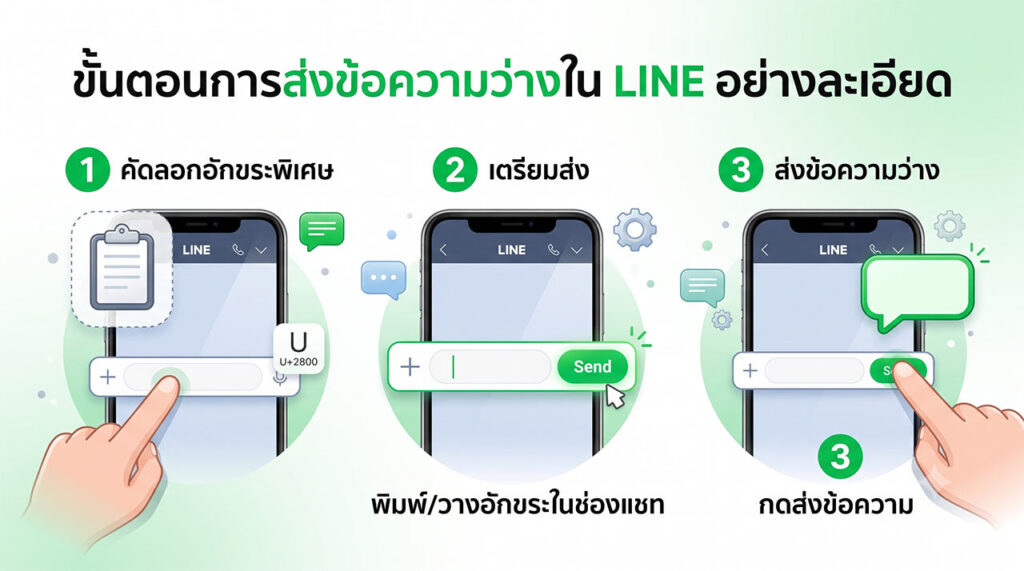 ภาพอินโฟกราฟิกสีเขียวอ่อน แสดงขั้นตอน 3 ขั้นตอนในการส่งข้อความว่างในแอปพลิเคชัน LINE