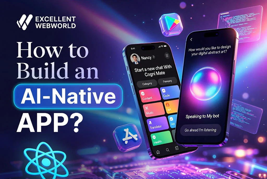 Colorful promotional banner showing two sleek smartphones with AI chat and glowing voice-assistant interfaces, neon purple-blue gradient background with floating code snippets, React logo, Google Play and App Store icons, and bold title “How to Build an AI-Native APP?”