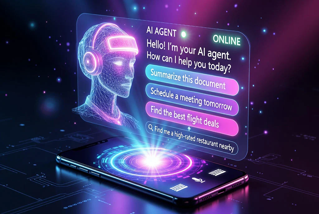 Colorful futuristic illustration of a smartphone projecting a glowing holographic AI agent interface with a neon pink-and-cyan wireframe female avatar wearing a headset