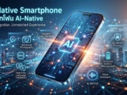 AI-Native Smartphone คืออะไร? ทำไมมือถือรุ่นใหม่ถึงขาดสิ่งนี้ไม่ได้ ภาพกราฟิกจำลองสมาร์ทโฟนที่ทำงานด้วยเทคโนโลยี AI-Native Smartphone แสดงภาพชิปประมวลผลปัญญาประดิษฐ์และเครือข่ายข้อมูลดิจิทัลที่เชื่อมโยงกัน เพื่อสื่อถึงนวัตกรรมและฟีเจอร์อัจฉริยะของมือถือรุ่นใหม่