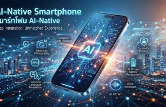 AI-Native Smartphone คืออะไร? ทำไมมือถือรุ่นใหม่ถึงขาดสิ่งนี้ไม่ได้ ภาพกราฟิกจำลองสมาร์ทโฟนที่ทำงานด้วยเทคโนโลยี AI-Native Smartphone แสดงภาพชิปประมวลผลปัญญาประดิษฐ์และเครือข่ายข้อมูลดิจิทัลที่เชื่อมโยงกัน เพื่อสื่อถึงนวัตกรรมและฟีเจอร์อัจฉริยะของมือถือรุ่นใหม่