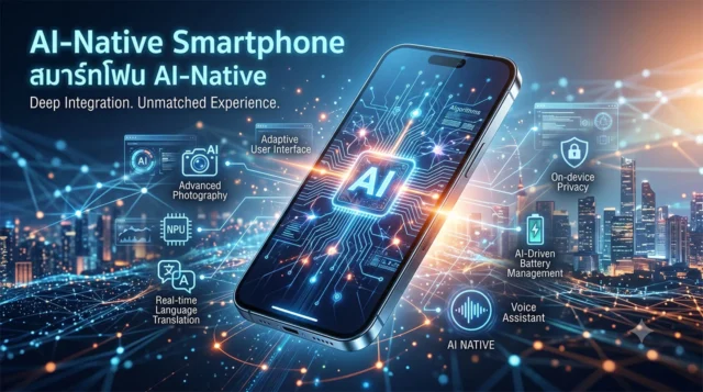 ภาพกราฟิกจำลองสมาร์ทโฟนที่ทำงานด้วยเทคโนโลยี AI-Native Smartphone แสดงภาพชิปประมวลผลปัญญาประดิษฐ์และเครือข่ายข้อมูลดิจิทัลที่เชื่อมโยงกัน เพื่อสื่อถึงนวัตกรรมและฟีเจอร์อัจฉริยะของมือถือรุ่นใหม่
