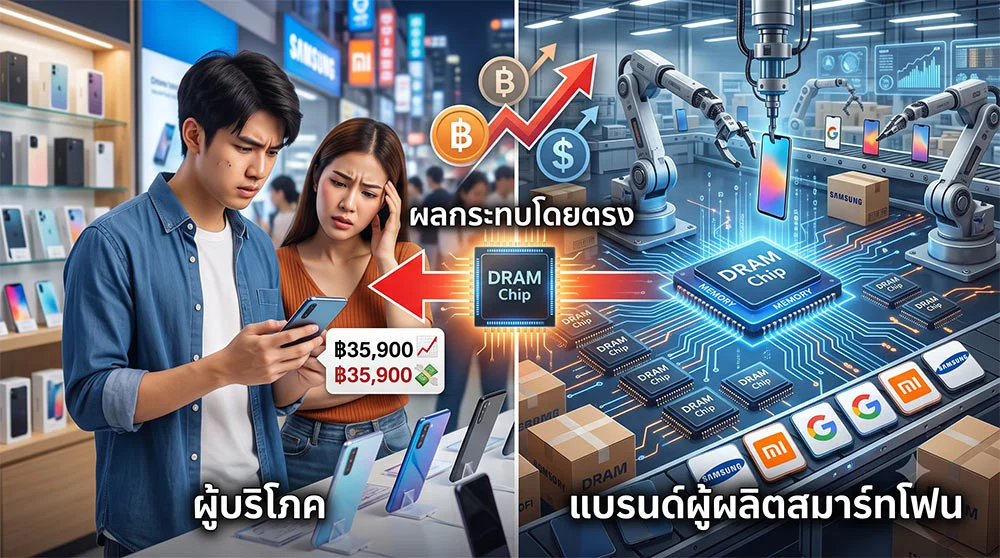 ภาพประกอบเชิงเปรียบเทียบและการเชื่อมโยง แสดงให้เห็นผลกระทบโดยตรงของวิกฤตราคาชิป DRAM ที่พุ่งสูงขึ้น ด้านขวาแสดงโรงงานผลิตสมาร์ทโฟนของแบรนด์ต่างๆ และกราฟต้นทุนที่เพิ่มขึ้น ตรงกลางมีชิป DRAM เรืองแสง และลูกศรสีแดงพร้อมข้อความ "ผลกระทบโดยตรง" ชี้ไปยังผู้บริโภคชาวไทยที่ดูสมาร์ทโฟนด้วยสีหน้ากังวลในร้านขายมือถือ ด้านซ้ายแสดงผู้บริโภคและป้ายราคา "฿35,900" ที่มีลูกศรสีแดงขึ้น แสดงถึงราคาที่เพิ่มขึ้นอันเนื่องมาจากต้นทุนหน่วยความจำที่สูงขึ้น