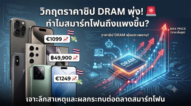 วิกฤตราคาชิป-DRAM-พุ่ง-สาเหตุสมาร์ทโฟนแพงขึ้น-X1Trick ภาพกราฟิกแสดงชิป DRAM บนแผงวงจรพร้อมกราฟลูกศรสีแดงพุ่งสูงขึ้น ขนาบข้างด้วยสมาร์ทโฟนระดับเรือธงหลายรุ่น สะท้อนวิกฤตราคาชิปหน่วยความจำที่พุ่งแตะเพดาน ซึ่งเป็นสาเหตุหลักที่ทำให้สมาร์ทโฟนในปัจจุบันมีราคาแพงขึ้น