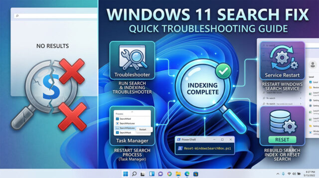 วิธีแก้ปัญหา-windows-11-search-ค้นหาไม่ได้ ภาพหน้าปกบทความรวมวิธีแก้ไขปัญหาช่องค้นหาใน Windows 11 (Search) ไม่ทำงาน พร้อมสรุปขั้นตอนการตั้งค่าและรีเซ็ตระบบเบื้องต้น
