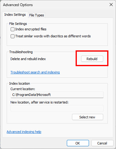 หน้าต่าง Advanced Options ของ Windows 11 ในส่วนของแท็บ Index Settings มีการตีกรอบสีแดงเน้นที่ปุ่ม Rebuild ภายใต้หัวข้อ Troubleshooting เพื่อทำการลบและสร้างดัชนีการค้นหาใหม่